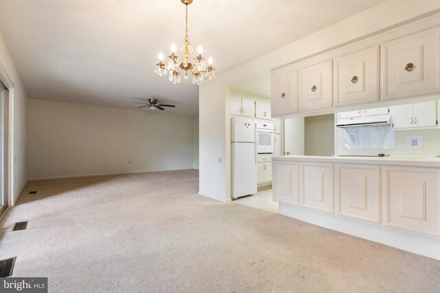 3360 Gleneagles Dr Unit 71-2B, Silver Spring, MD 20906 - kitchen featuring white appliances, light carpet, a chandelier, ceiling fan, and hanging light fixtures