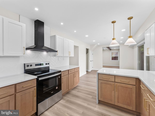 103 Hillcrest Ln, Willingboro, NJ 08046 - kitchen with electric range, wall chimney range hood, decorative backsplash, pendant lighting, and recessed lighting
