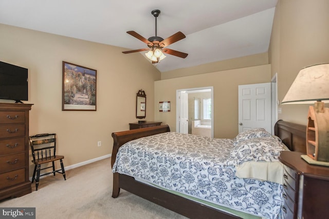 43076 Stonecottage Pl, Ashburn, VA 20147 - bedroom with light colored carpet, lofted ceiling, a ceiling fan, and connected bathroom