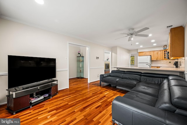 139 Putney Ln Unit 139, Malvern, PA 19355 - living area with ceiling fan, wood finished floors, recessed lighting, and ornamental molding