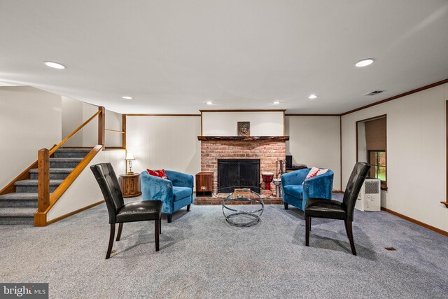 139 Putney Ln Unit 139, Malvern, PA 19355 - living area with carpet flooring, recessed lighting, stairway, a brick fireplace, and crown molding