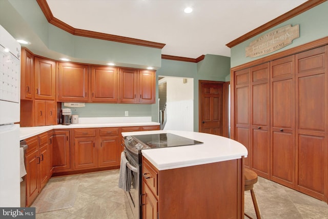 2540 Stoney Point Rd, East Berlin, PA 17316 - kitchen with stainless steel electric range, crown molding, brown cabinetry, light countertops, and a center island
