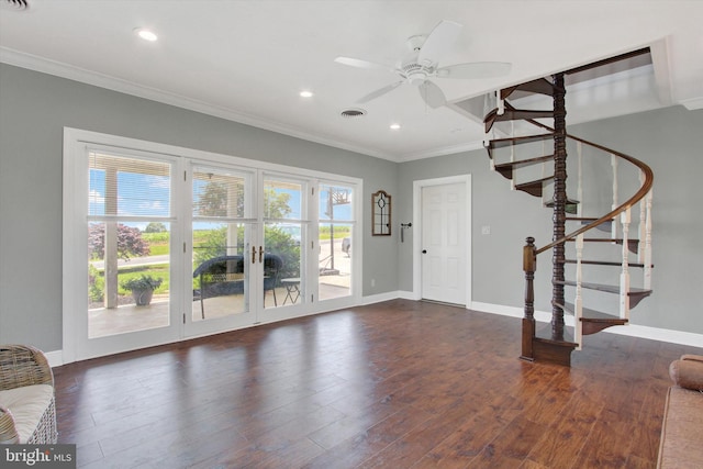2540 Stoney Point Rd, East Berlin, PA 17316 - unfurnished living room with ornamental molding, ceiling fan, wood finished floors, stairway, and recessed lighting