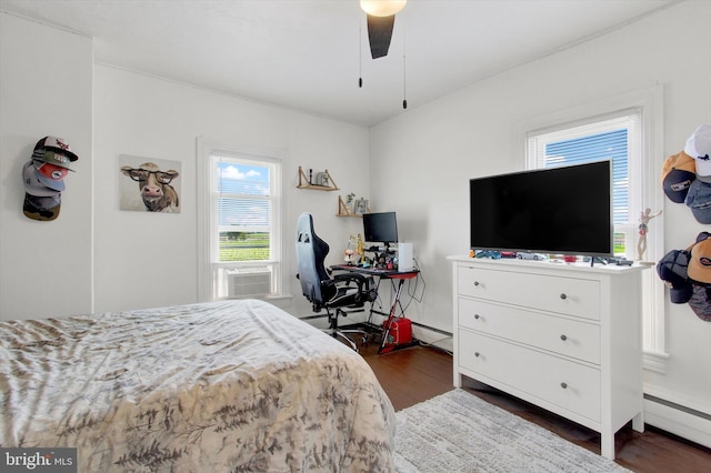 2540 Stoney Point Rd, East Berlin, PA 17316 - bedroom with multiple windows, dark wood-style floors, a baseboard radiator, and ceiling fan