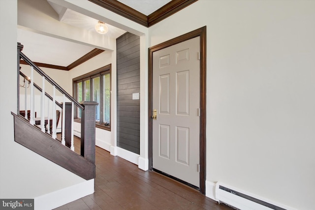 2540 Stoney Point Rd, East Berlin, PA 17316 - entrance foyer featuring a baseboard heating unit, crown molding, dark wood-style flooring, and stairs