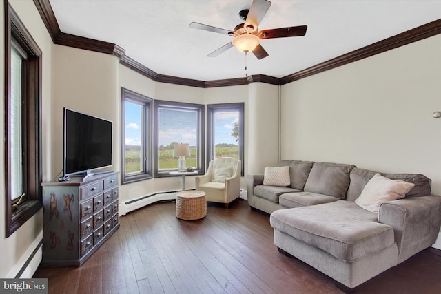 2540 Stoney Point Rd, East Berlin, PA 17316 - living room with ceiling fan, a baseboard heating unit, dark wood-style floors, and ornamental molding