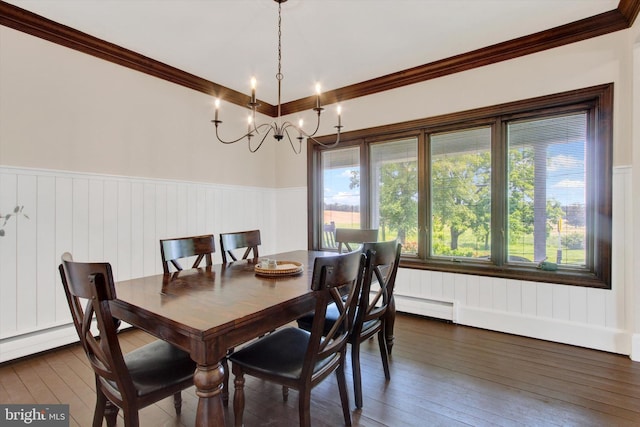 2540 Stoney Point Rd, East Berlin, PA 17316 - dining space featuring crown molding, a baseboard radiator, dark wood-style floors, a wainscoted wall, and a chandelier