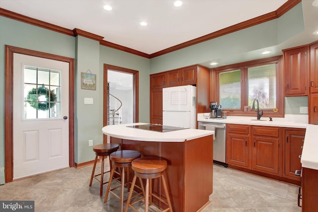 2540 Stoney Point Rd, East Berlin, PA 17316 - kitchen with dishwasher, freestanding refrigerator, ornamental molding, black electric stovetop, and light countertops