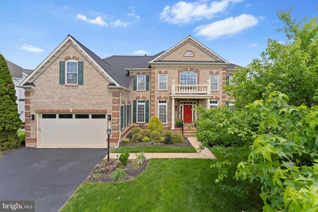 43146 Scenic Creek Way, Leesburg, VA 20176 - colonial-style house featuring brick siding, asphalt driveway, an attached garage, and a front yard