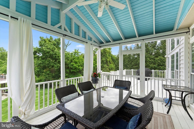43146 Scenic Creek Way, Leesburg, VA 20176 - sunroom featuring a ceiling fan, outdoor dining space, and view of wooded area