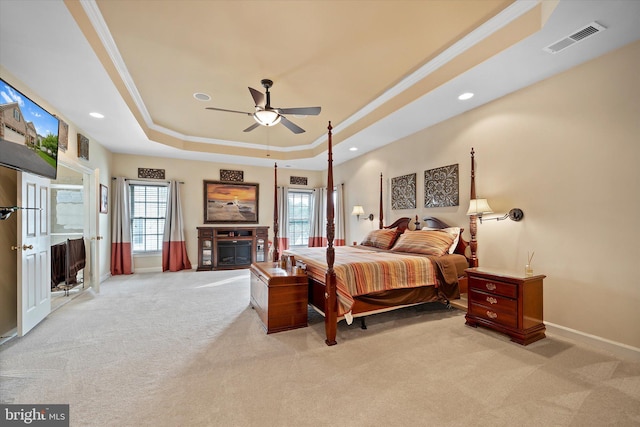 43146 Scenic Creek Way, Leesburg, VA 20176 - bedroom featuring light colored carpet, a raised ceiling, recessed lighting, ornamental molding, and a ceiling fan