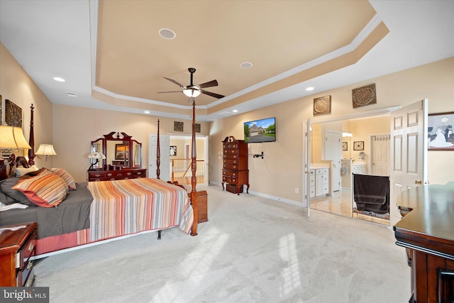 43146 Scenic Creek Way, Leesburg, VA 20176 - bedroom featuring a tray ceiling, light carpet, recessed lighting, and crown molding