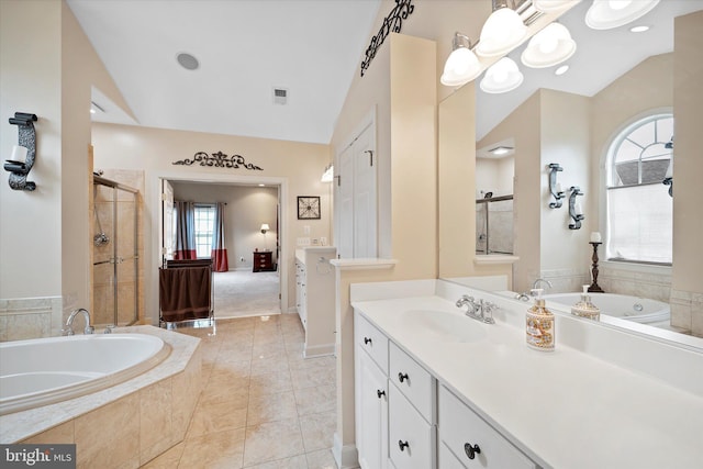 43146 Scenic Creek Way, Leesburg, VA 20176 - full bathroom with vaulted ceiling, a bath, vanity, a stall shower, and tile patterned floors