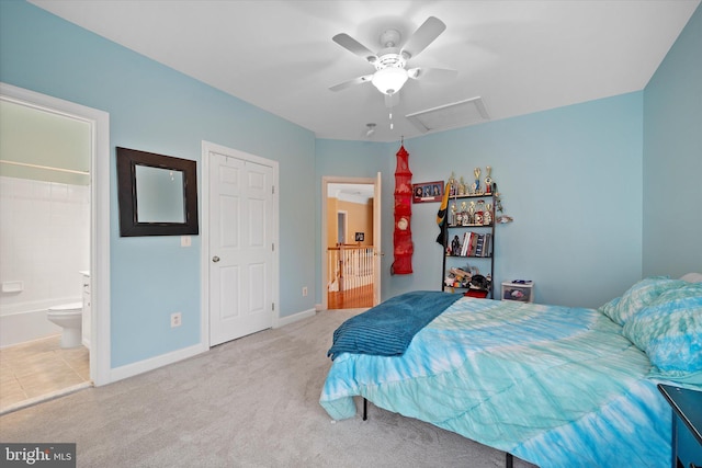 43146 Scenic Creek Way, Leesburg, VA 20176 - carpeted bedroom featuring attic access, ensuite bathroom, and a ceiling fan