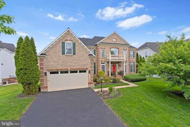43146 Scenic Creek Way, Leesburg, VA 20176 - colonial-style house with brick siding, an attached garage, and a front lawn