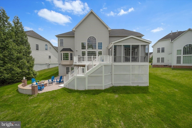 43146 Scenic Creek Way, Leesburg, VA 20176 - rear view of property featuring a fire pit, stairs, a patio, a sunroom, and a yard