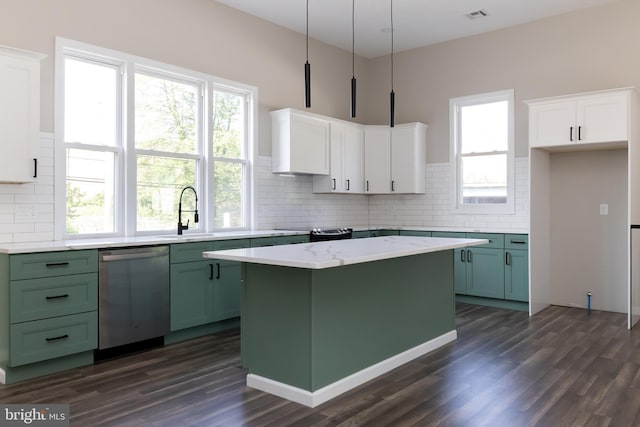 301 Nicholson Rd, Gloucester City, NJ 08030 - kitchen with dishwasher, green cabinets, dark wood finished floors, and decorative backsplash