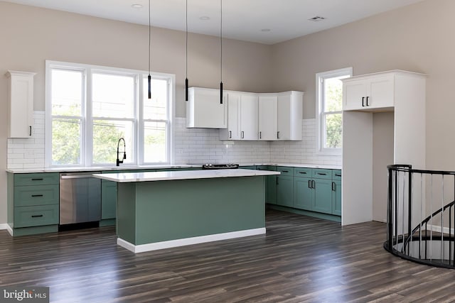 301 Nicholson Rd, Gloucester City, NJ 08030 - kitchen with stainless steel dishwasher, dark wood-style floors, white cabinetry, and green cabinetry