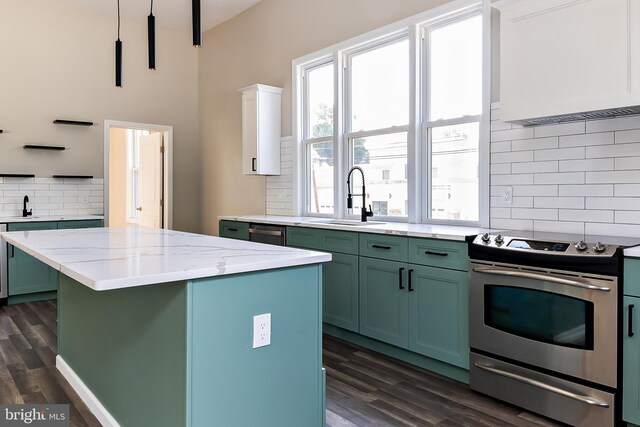 301 Nicholson Rd, Gloucester City, NJ 08030 - kitchen with appliances with stainless steel finishes, green cabinets, decorative backsplash, open shelves, and dark wood-type flooring