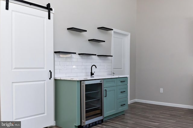 301 Nicholson Rd, Gloucester City, NJ 08030 - indoor wet bar with wine cooler, dark wood finished floors, backsplash, and a barn door