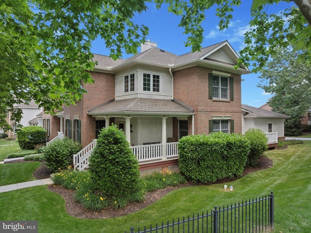 176 Windgate Dr, Chester Springs, PA 19425 - view of front of house with a porch, a chimney, brick siding, a shingled roof, and stucco siding