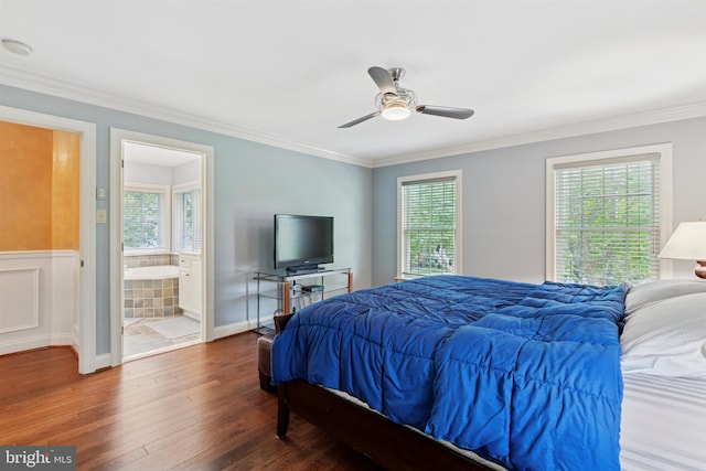 176 Windgate Dr, Chester Springs, PA 19425 - bedroom with wood-type flooring, multiple windows, crown molding, a ceiling fan, and ensuite bathroom
