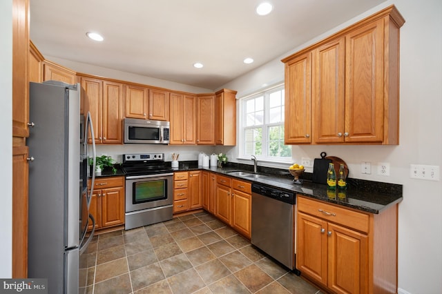 1201 Preserve Ln, Fredericksburg, VA 22401 - kitchen with appliances with stainless steel finishes, recessed lighting, and dark stone counters