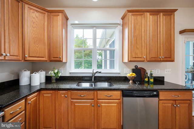 1201 Preserve Ln, Fredericksburg, VA 22401 - kitchen with stainless steel dishwasher, brown cabinetry, and dark stone countertops
