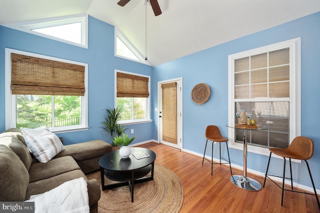 1201 Preserve Ln, Fredericksburg, VA 22401 - living area featuring vaulted ceiling, healthy amount of natural light, wood finished floors, and a ceiling fan