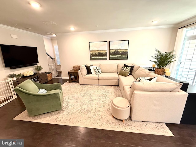 23245 Milltown Knoll Sq Unit 103, Ashburn, VA 20148 - living room featuring stairway, dark wood finished floors, ornamental molding, and recessed lighting