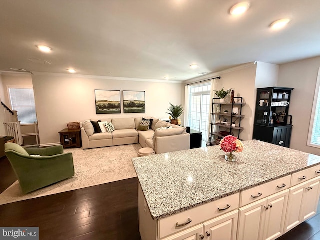 23245 Milltown Knoll Sq Unit 103, Ashburn, VA 20148 - kitchen with ornamental molding, dark wood-type flooring, light stone countertops, a kitchen island, and recessed lighting