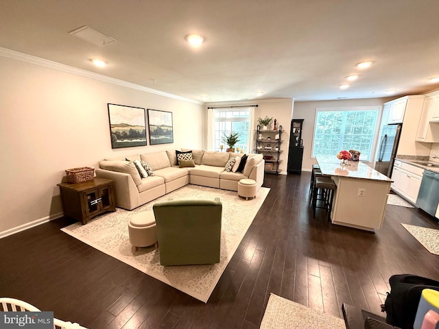 23245 Milltown Knoll Sq Unit 103, Ashburn, VA 20148 - living area with crown molding, dark wood finished floors, and recessed lighting