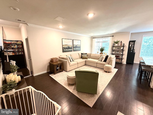 23245 Milltown Knoll Sq Unit 103, Ashburn, VA 20148 - living area featuring plenty of natural light, dark wood-style floors, and crown molding