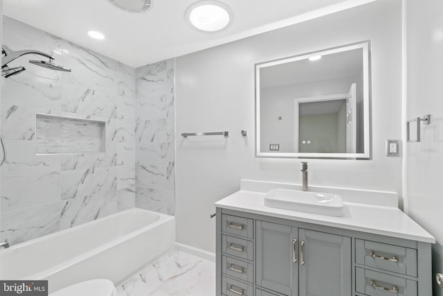 7724 Central Ave, Pasadena, MD 21122 - bathroom with vanity, marble finish flooring, bathing tub / shower combination, and recessed lighting