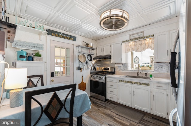 1815 Belle Ave, Dundalk, MD 21222 - kitchen with appliances with stainless steel finishes, under cabinet range hood, white cabinets, dark wood-type flooring, and light countertops