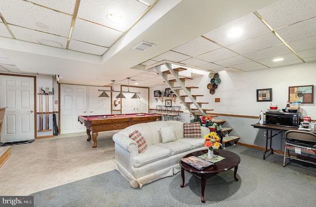 1815 Belle Ave, Dundalk, MD 21222 - tiled living area with a paneled ceiling, billiards, stairs, and recessed lighting