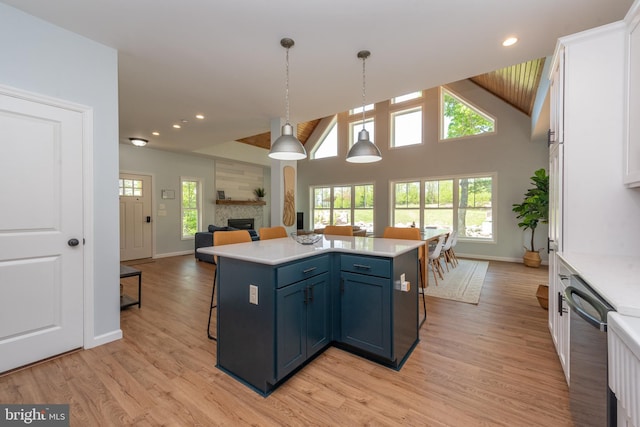 130 Wisp Adventure Rd, Mc Henry, MD 21541 - kitchen with stainless steel dishwasher, a fireplace, blue cabinetry, light wood finished floors, and open floor plan
