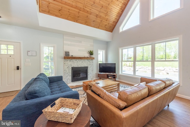 130 Wisp Adventure Rd, Mc Henry, MD 21541 - living room with a tile fireplace, wood finished floors, high vaulted ceiling, and wood ceiling