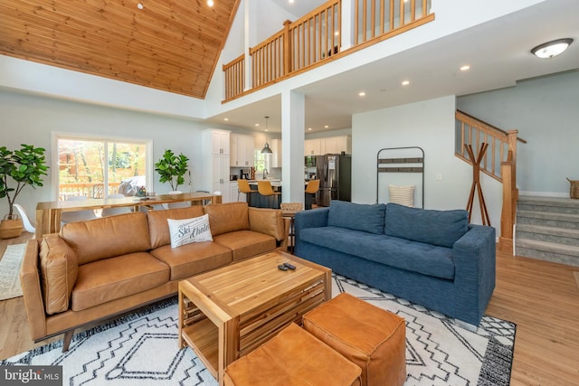 130 Wisp Adventure Rd, Mc Henry, MD 21541 - living area with light wood-type flooring, high vaulted ceiling, stairway, recessed lighting, and wooden ceiling