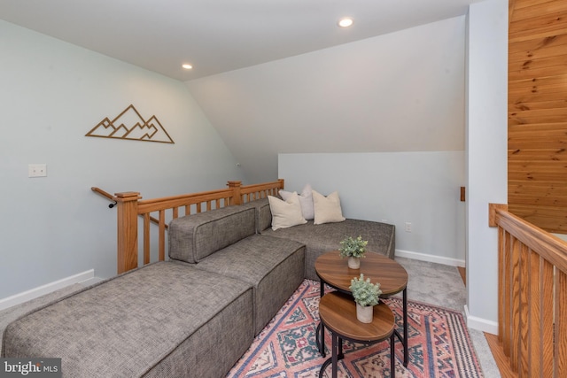 130 Wisp Adventure Rd, Mc Henry, MD 21541 - carpeted living area featuring lofted ceiling and recessed lighting
