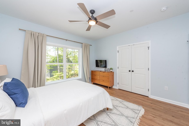 130 Wisp Adventure Rd, Mc Henry, MD 21541 - bedroom with light wood-style floors, a ceiling fan, and a closet