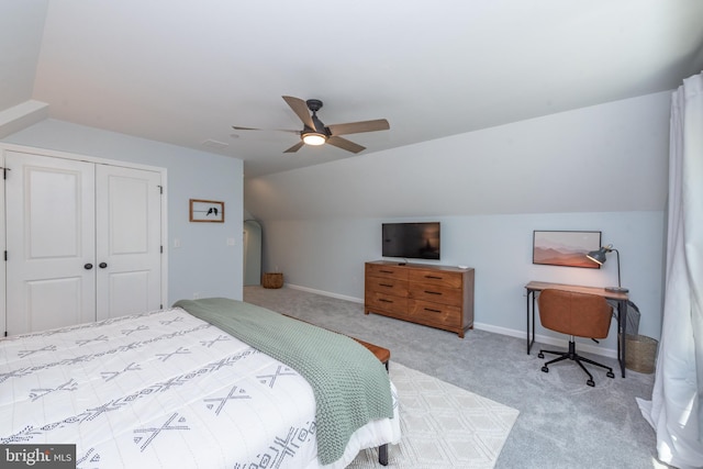 130 Wisp Adventure Rd, Mc Henry, MD 21541 - bedroom featuring lofted ceiling, carpet flooring, a closet, and a ceiling fan