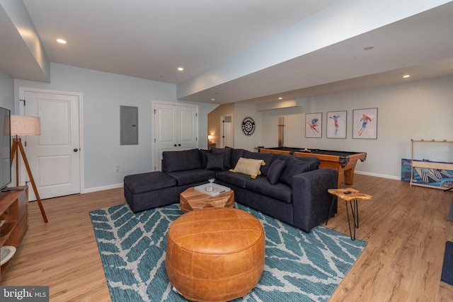 130 Wisp Adventure Rd, Mc Henry, MD 21541 - living room with light wood-style flooring, electric panel, pool table, and recessed lighting