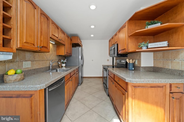 201 Steeplechase Cir, Wilmington, DE 19808 - kitchen with appliances with stainless steel finishes, open shelves, brown cabinetry, and recessed lighting