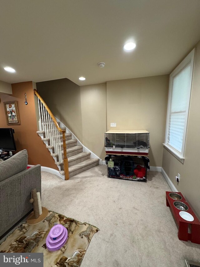 10 Chestnut St, Lumberton, NJ 08048 - carpeted living room with stairway and recessed lighting