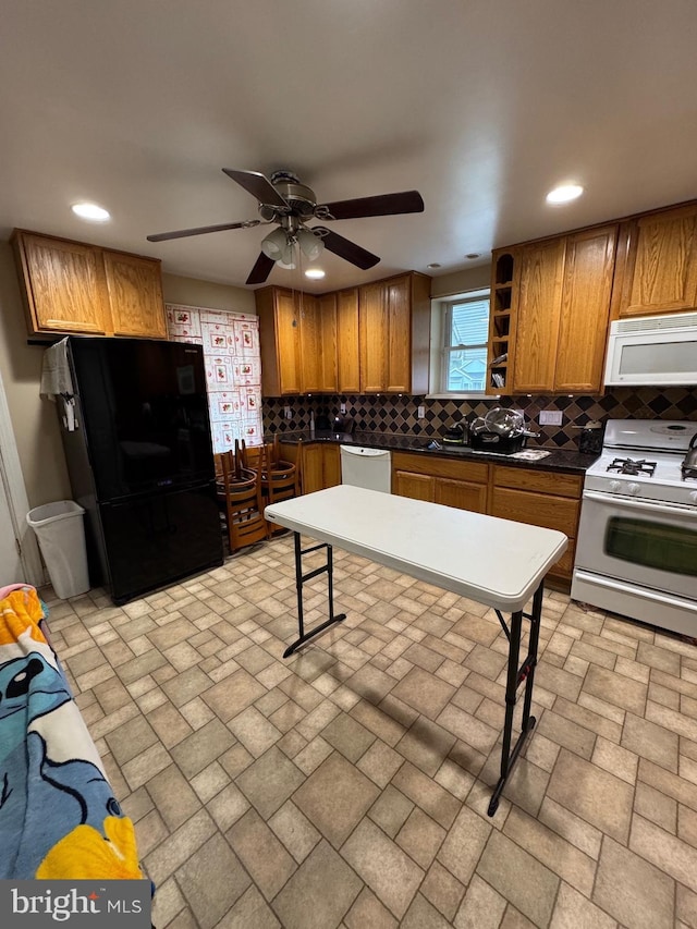 10 Chestnut St, Lumberton, NJ 08048 - kitchen featuring white appliances, brick patterned floors, tasteful backsplash, ceiling fan, and recessed lighting