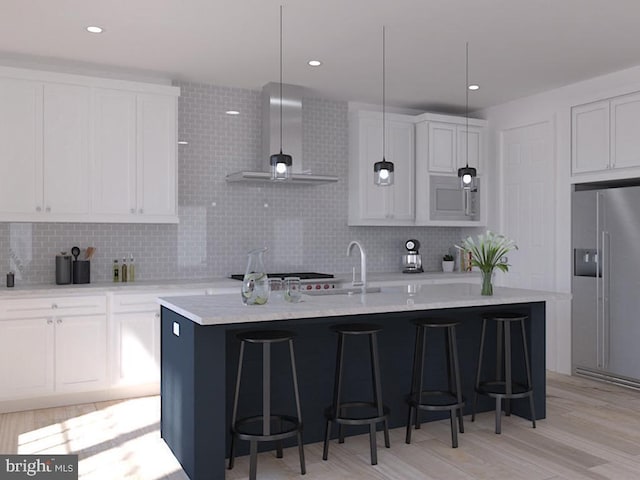 0 Surge Way, Carlisle, PA 17015 - kitchen featuring high end refrigerator, island exhaust hood, backsplash, and a kitchen bar