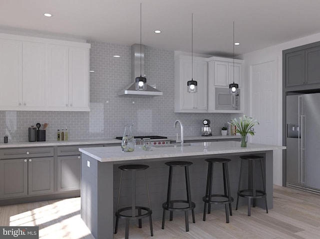 0 Surge Way, Carlisle, PA 17015 - kitchen featuring high quality fridge, island exhaust hood, decorative backsplash, and a kitchen bar