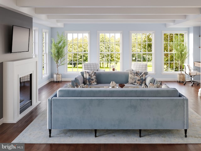 0 Surge Way, Carlisle, PA 17015 - living area featuring beamed ceiling, wood finished floors, and a glass covered fireplace