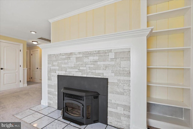 194 Harbor Dr, Lusby, MD 20657 - detailed view of ornamental molding, carpet, built in shelves, and a wood stove
